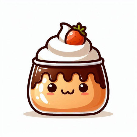 Cute chocolate pudding with whipped cream and strawberry, vector illustration.のイラスト素材