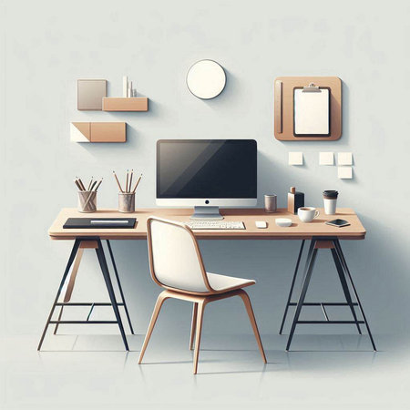 Modern workspace with computer, coffee cup and other items. Workplace concept. 3D Renderingのイラスト素材