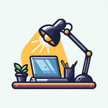 Laptop and lamp. Workplace. Flat design vector illustration.のイラスト素材