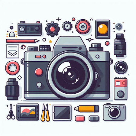 Camera and equipment. Vector illustration in line art style on white background.のイラスト素材