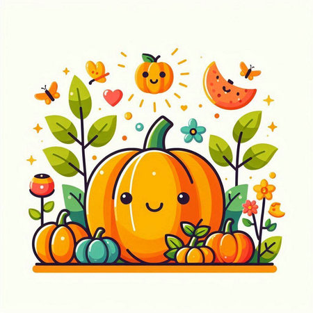 Pumpkin vector illustration. Cute cartoon character with flowers and leaves.のイラスト素材