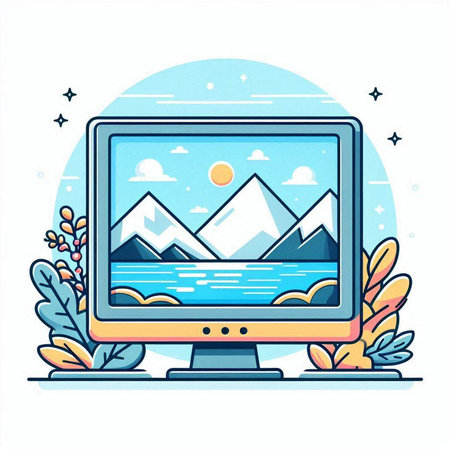 Computer screen with mountain landscape on screen. Vector illustration in flat styleのイラスト素材