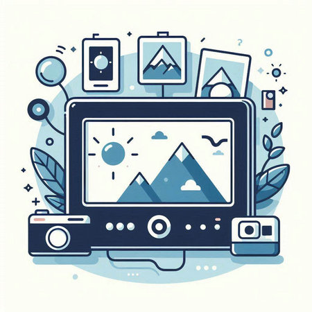 Vector illustration of a flat line art design of a photo camera.のイラスト素材
