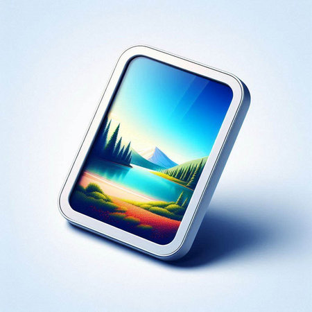 Highly rendering of a mobile phone with a lake on the screenのイラスト素材