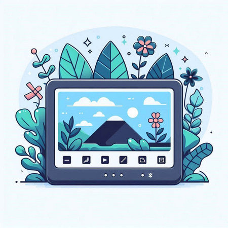 Vector illustration of a tablet with a picture of the mountains and flowersのイラスト素材