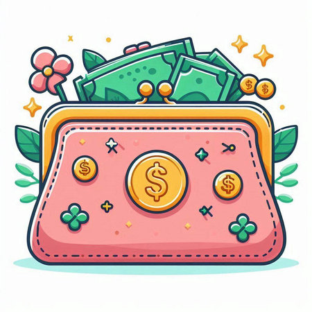 Purse with money and flowers. Vector illustration in cartoon style.のイラスト素材
