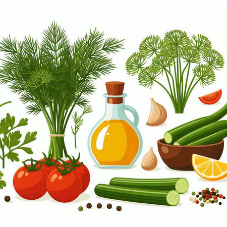 Vegetables, oil and spices. Vector illustration for your designのイラスト素材