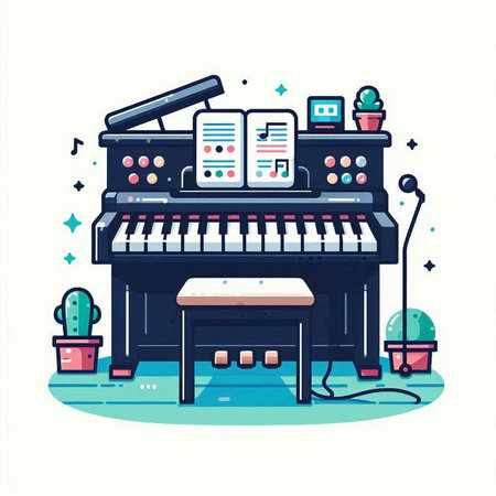 Piano and musical instruments. Vector illustration in flat cartoon style.のイラスト素材