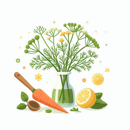 Herbs and spices in a glass vase. Vector illustration.のイラスト素材