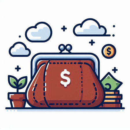 Purse with money and plant. Vector illustration in line art style.のイラスト素材