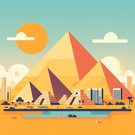 Egyptian pyramids and modern city. Vector illustration in flat styleのイラスト素材