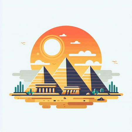 Egyptian pyramids and sun. Vector illustration in flat style.のイラスト素材