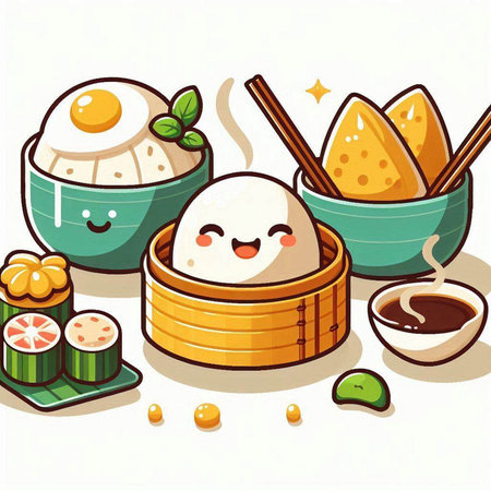 Illustration of a Set of Japanese Dimsum Dumplings and Sushiのイラスト素材