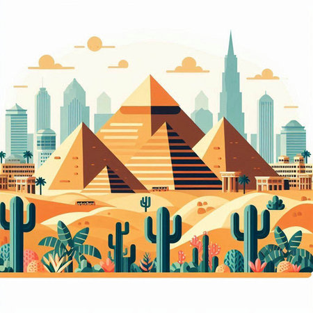 Vector illustration of Egypt with pyramids and cactuses in flat styleのイラスト素材