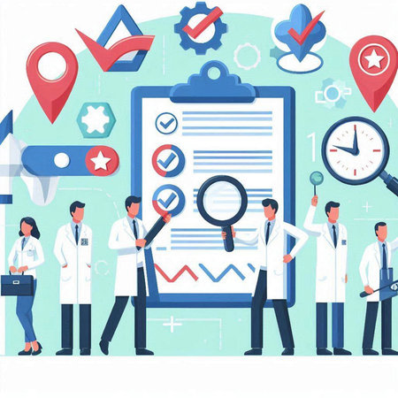 Medical research concept. Vector flat cartoon illustration of doctors and scientists with clipboard and magnifying glass.のイラスト素材