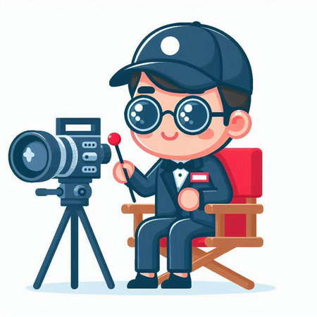 Cartoon boy in a cap and glasses with a camera. Vector illustrationのイラスト素材