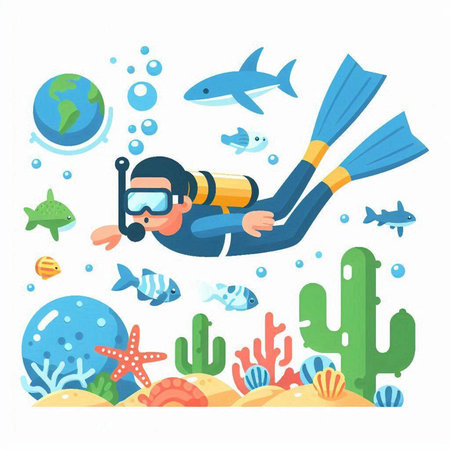 Scuba diving vector illustration. Cartoon scuba diver swimming underwater.のイラスト素材