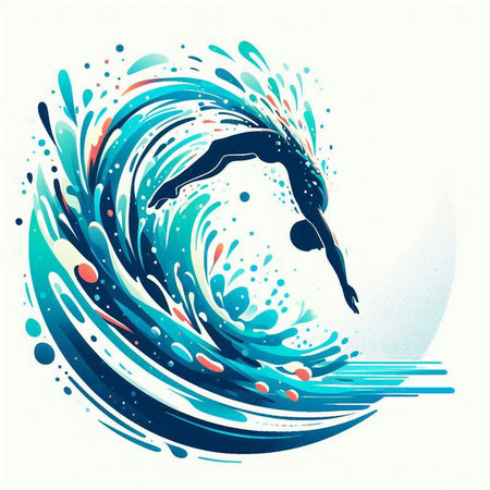 Silhouette of a swimmer on a wave. Vector illustrationのイラスト素材