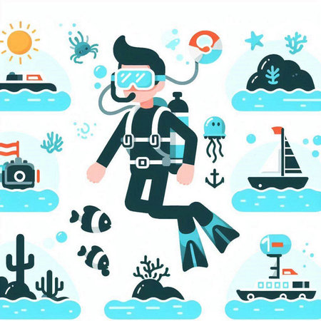 Scuba diving flat vector illustration. Cartoon scuba diver with equipment.のイラスト素材