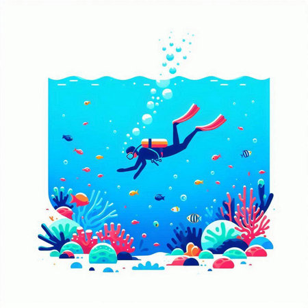 Illustration of a scuba diver in the sea. Vector illustrationのイラスト素材
