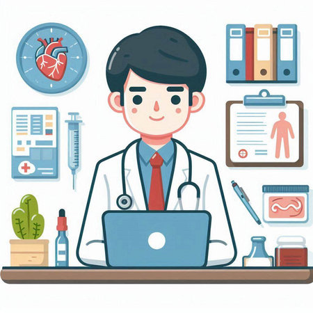Doctor working on laptop in medical office. Flat style vector illustration.のイラスト素材