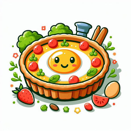 Cute cartoon vector illustration of a pie with eggs and vegetables.のイラスト素材