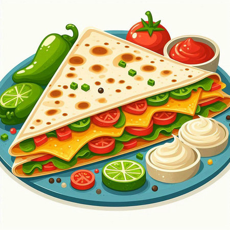 Mexican quesadilla with vegetables and sauce. Vector illustration.のイラスト素材