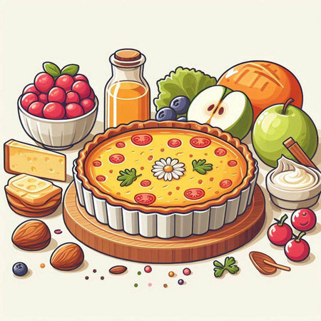 Illustration of a pie with fruits and vegetables on a white backgroundのイラスト素材