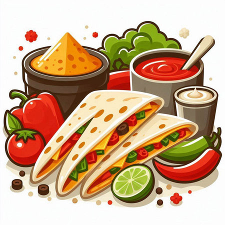 Mexican food, vector illustration of tacos, salsa and guacamoleのイラスト素材