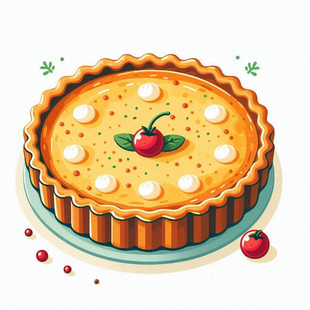 Illustration of a pie with cherries on a white background.のイラスト素材