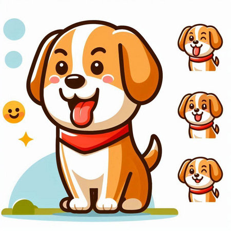 Cute cartoon dog with different poses and emotions. Vector illustration.のイラスト素材