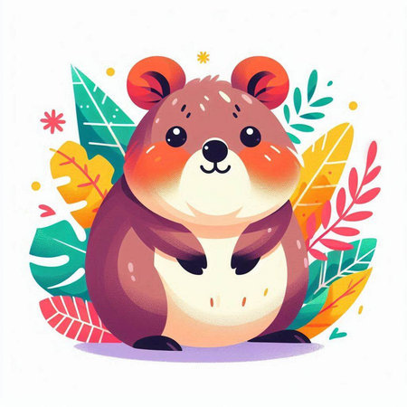 Cute cartoon hamster on tropical leaves background. Vector illustration.のイラスト素材