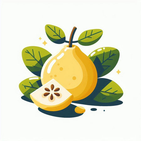 Illustration of quince with leaves on white background. Vector illustration.のイラスト素材