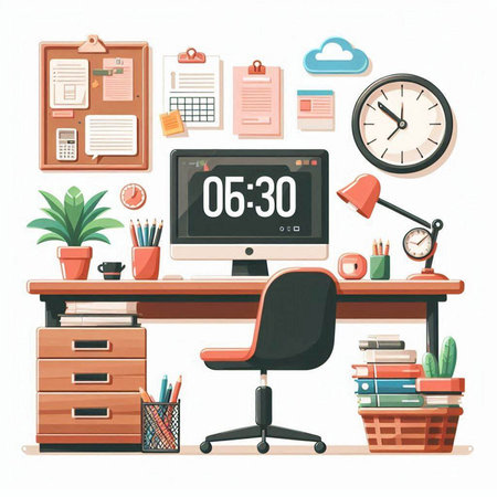 Office workplace. Workplace with computer, clock, books and office supplies. Vector illustrationのイラスト素材