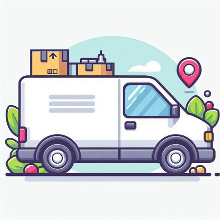 Delivery Van with Boxes and Map Pointer. Vector Illustrationのイラスト素材