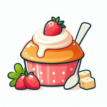 Cupcake with cream and strawberries. Vector illustration isolated on white background.のイラスト素材