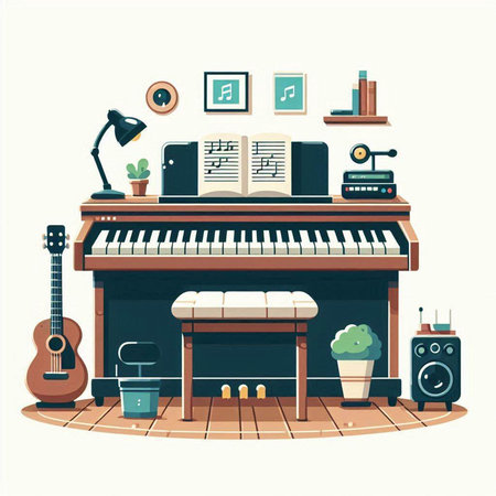Music house with piano, guitar, vinyl record, synthesizer, speaker, chair, guitar, books and lamp. Vector illustrationのイラスト素材