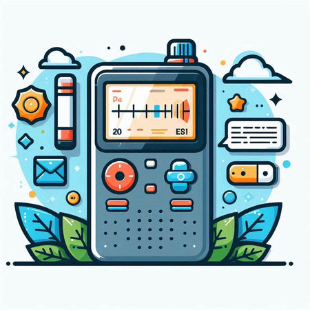 Colorful flat line art vector illustration of portable radio player on white background.のイラスト素材