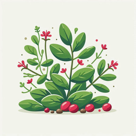 Cranberry branch with red berries and green leaves. Vector illustration.のイラスト素材