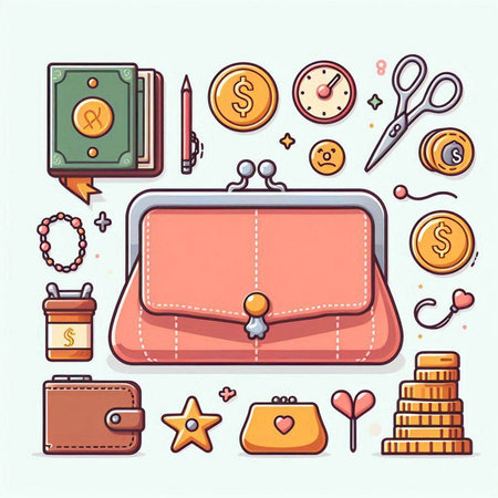 Vector illustration of hand drawn purse, wallet, coins and other accessories.のイラスト素材