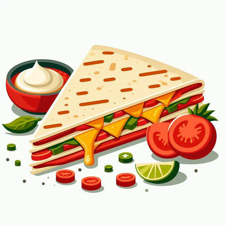 Tortilla with tomato, cheese and sauce. Vector illustration.のイラスト素材