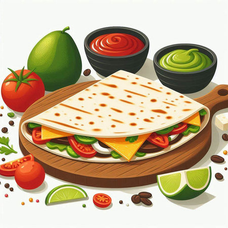 Illustration of a tortilla sandwich with guacamole, tomato and cheeseのイラスト素材