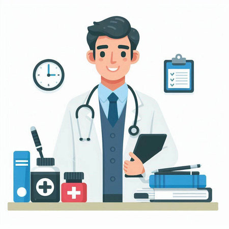 Male doctor with stethoscope and clipboard. Vector illustration in flat styleのイラスト素材