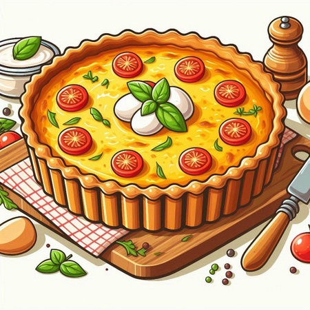 Illustration of a pie with mozzarella, tomatoes and basilのイラスト素材