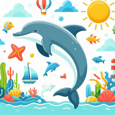Cartoon dolphin swimming in the sea. Vector illustration for children.のイラスト素材