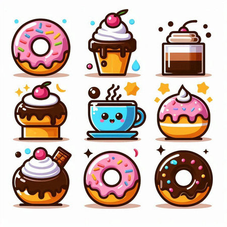 Cartoon donuts and coffee icon set. Vector illustration of sweet dessert.のイラスト素材