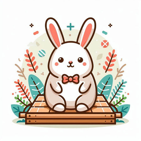 Cute cartoon bunny sitting on a wooden pallet. Vector illustration.のイラスト素材