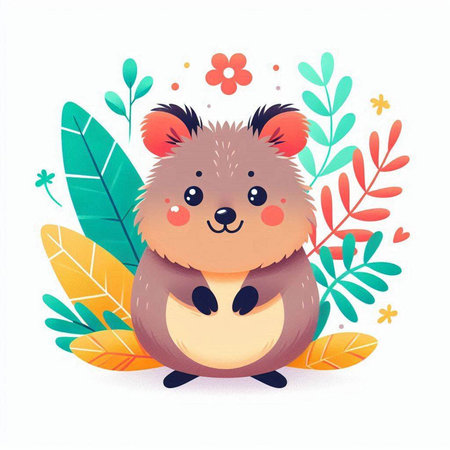 Cute cartoon koala with leaves and flowers. Vector illustration.のイラスト素材