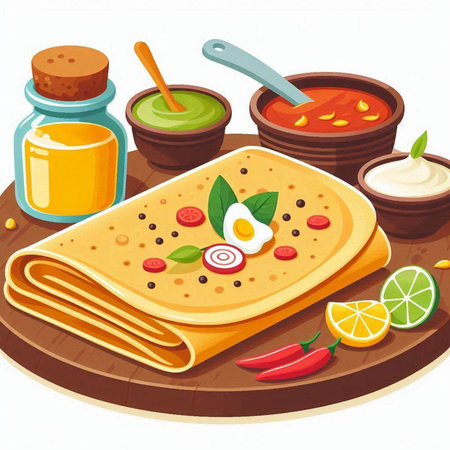 Illustration of a hot crepe with ingredients on a wooden boardのイラスト素材