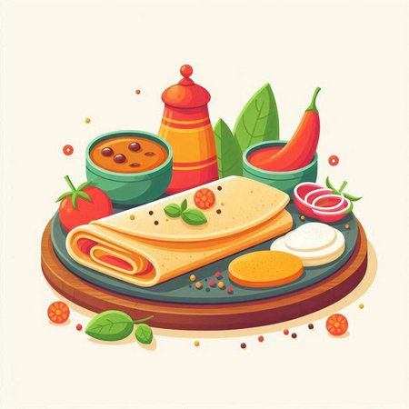 Pancakes with vegetables and spices. Vector illustration in cartoon styleのイラスト素材